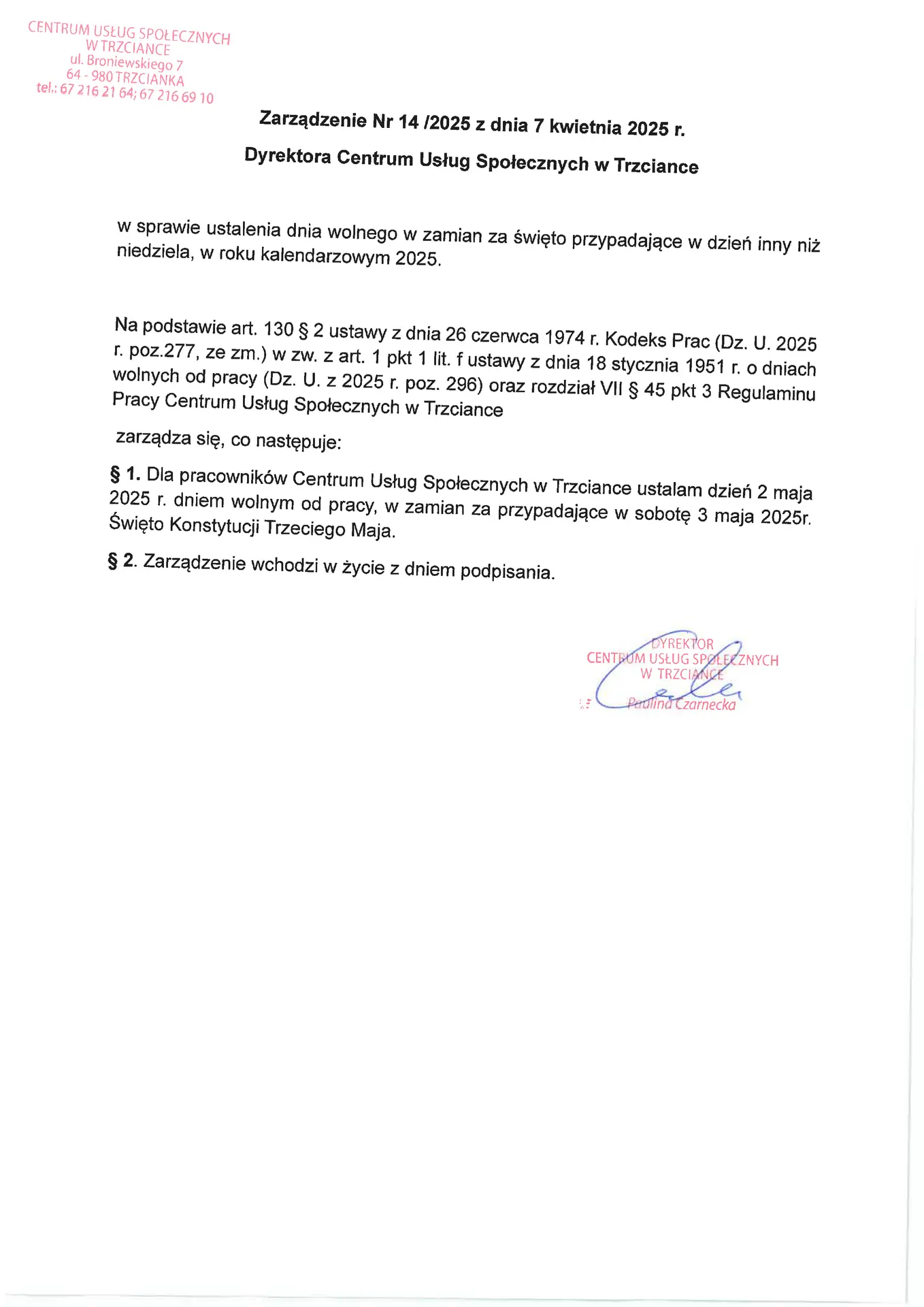 Zarządzenie nr 14/2025