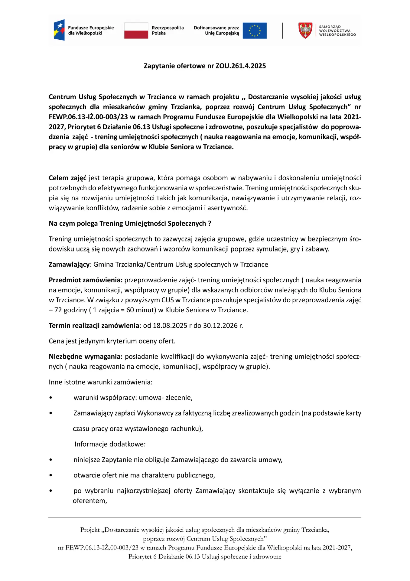 Zapytanie ofertowe – trening umiejętności społecznych