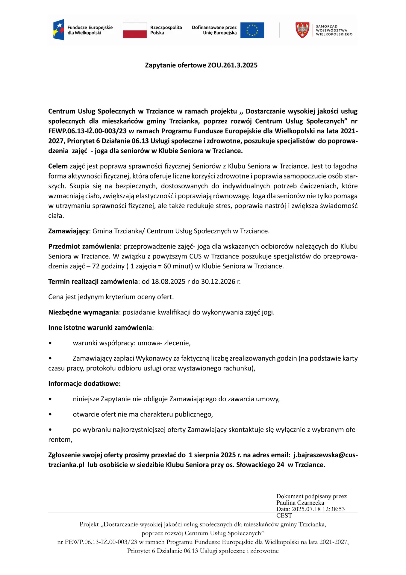 Zapytanie ofertowe – joga